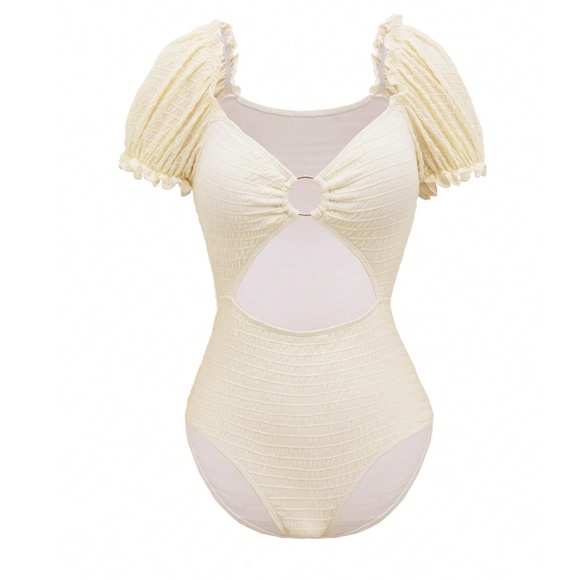 Textured Ruffle Puff Sleeve Cut out Monokini One Piece Swimsuit - Picture 6 of 9